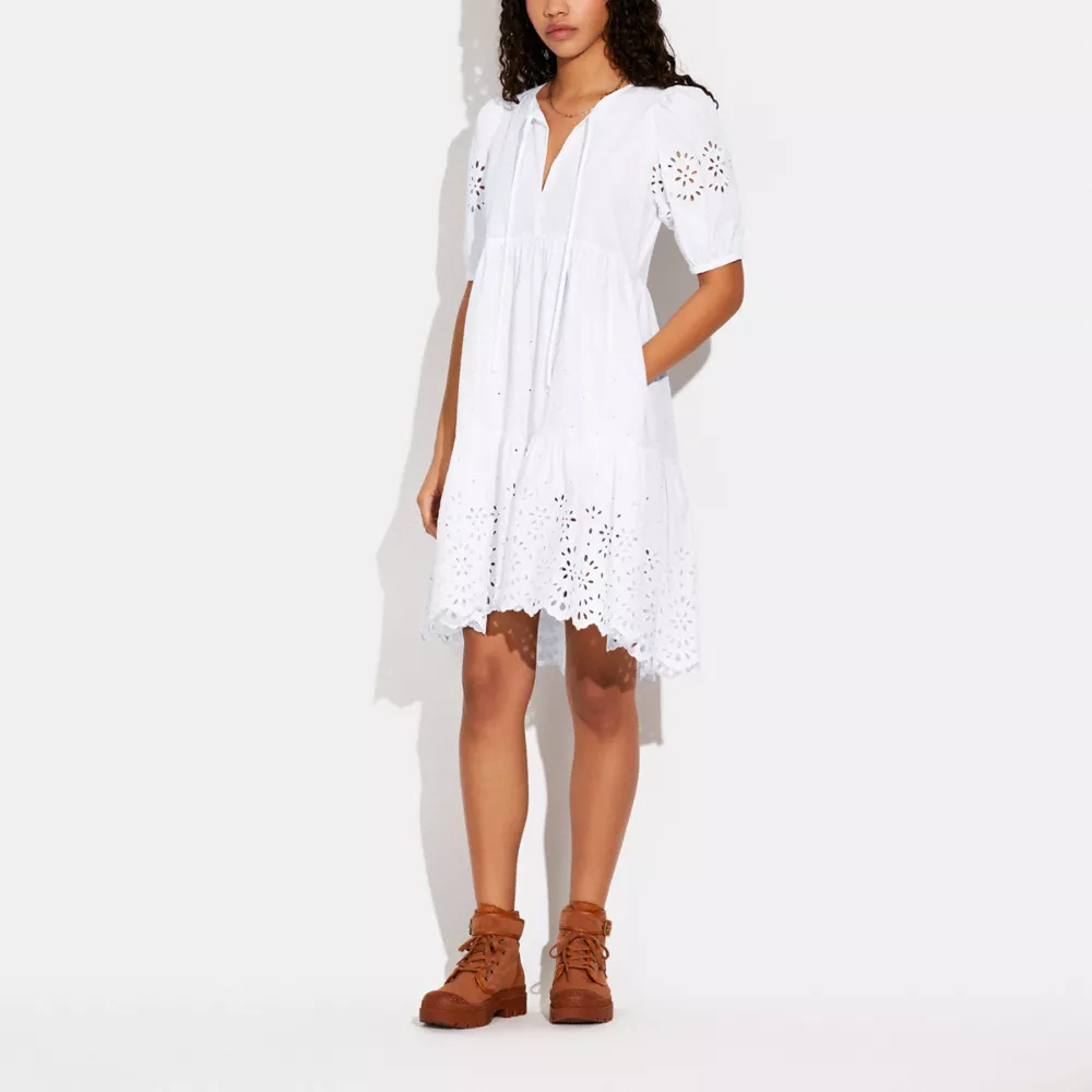 Coach Broderie Anglaise Puff Sleeve Dress In Organic Cotton - Image 4