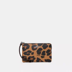 Coach Corner Zip Wristlet With Leopard Print