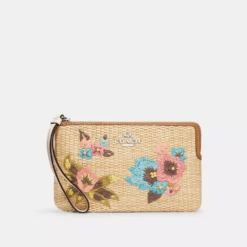 Coach Large Corner Zip Wristlet With Floral Embroidery