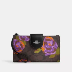 Coach Phone Wallet In Signature Canvas With Rose Print